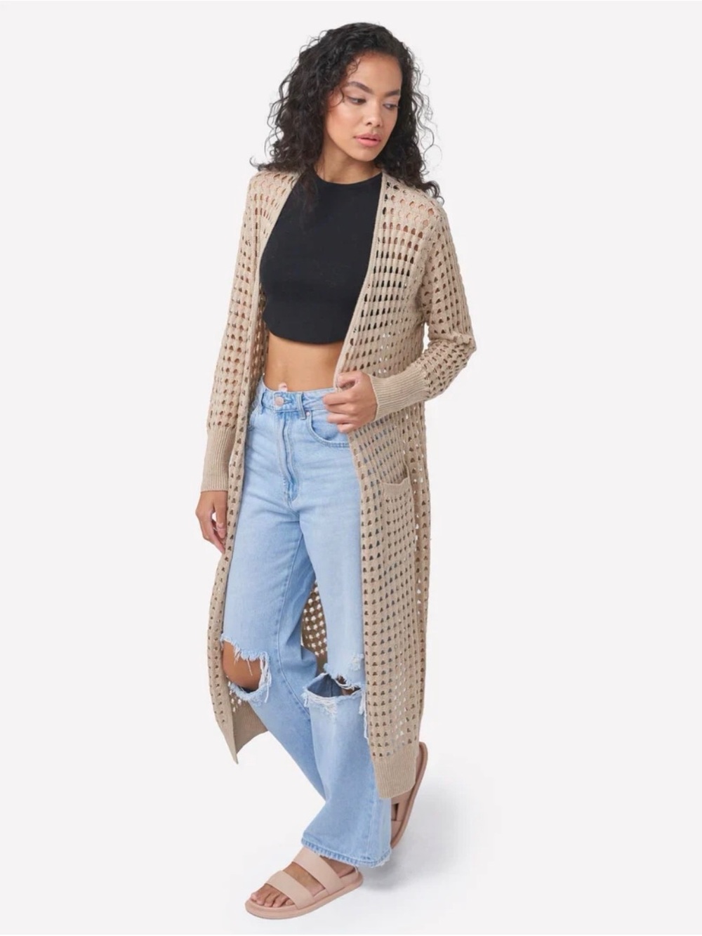 WISPR Long Beige Open Knit Duster Cardigan Size M